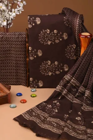 Three Piece Suit Material with Cotton Dupatta Choclate Brown