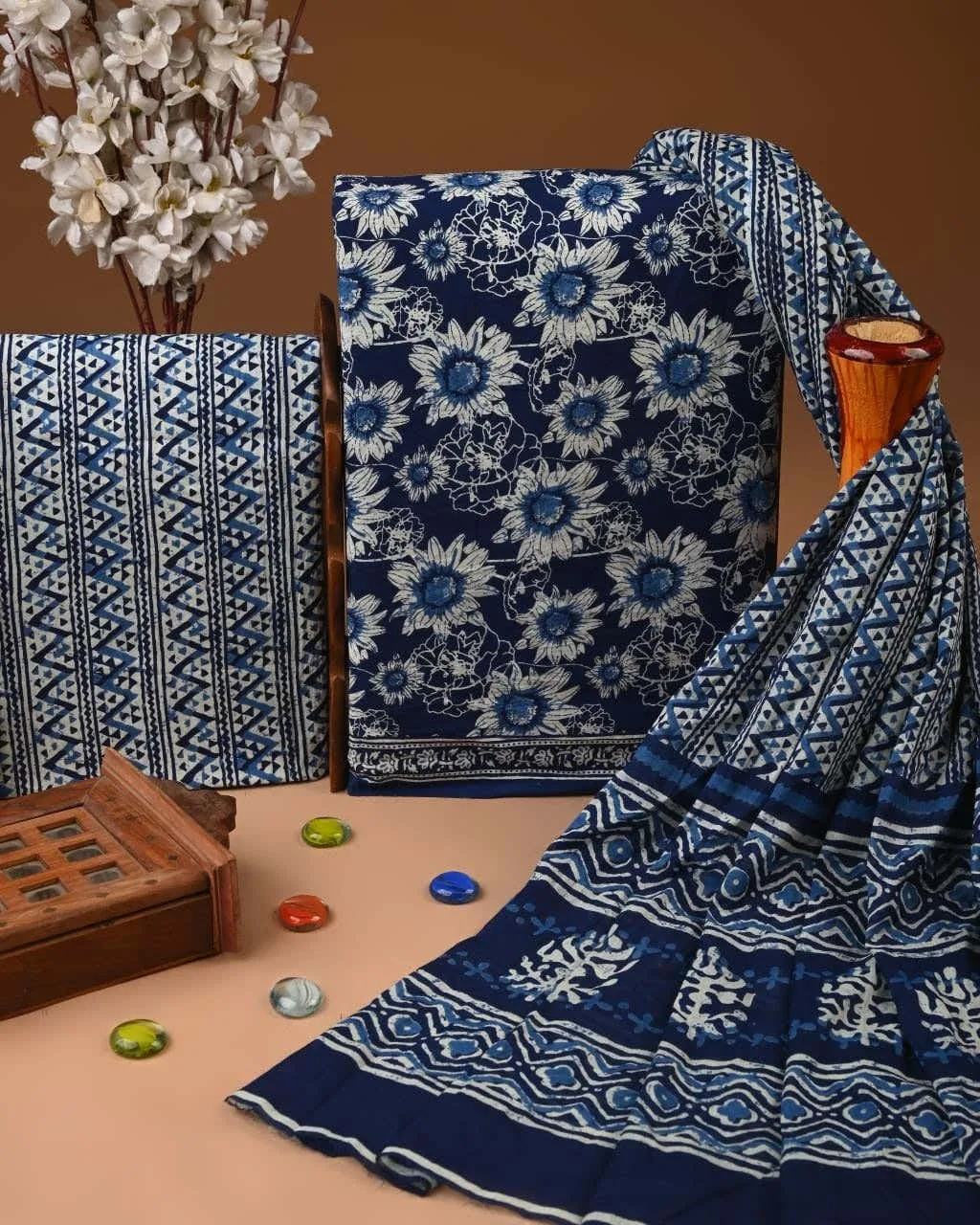 Three Piece Suit Material with Cotton Dupatta Blue