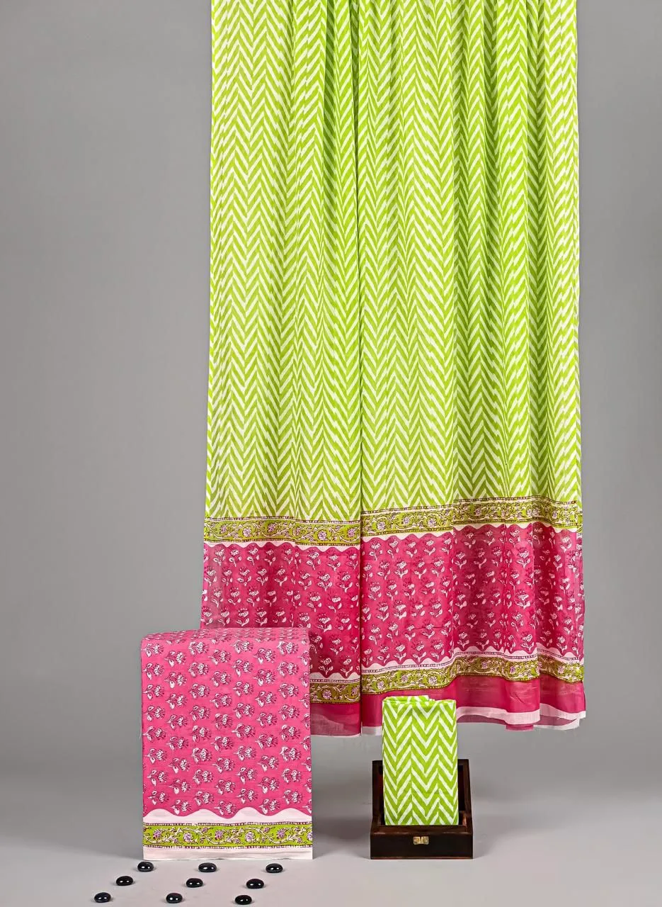 Three Piece Suit Material with Cotton Dupatta Pink Green