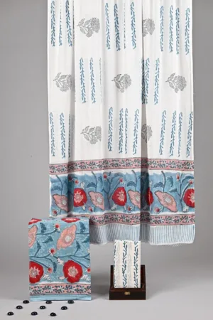 Three piece suit material with cotton dupatta Floral Blue With White Pant
