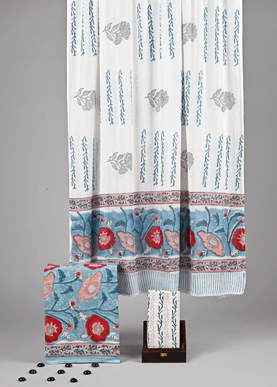 Three piece suit material with cotton dupatta Floral Blue With White Pant
