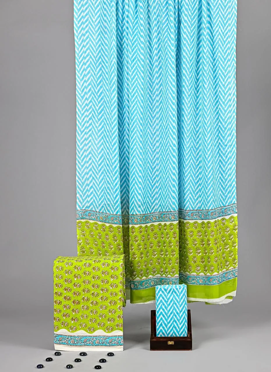 Three piece suit material with cotton dupatta Green Blue