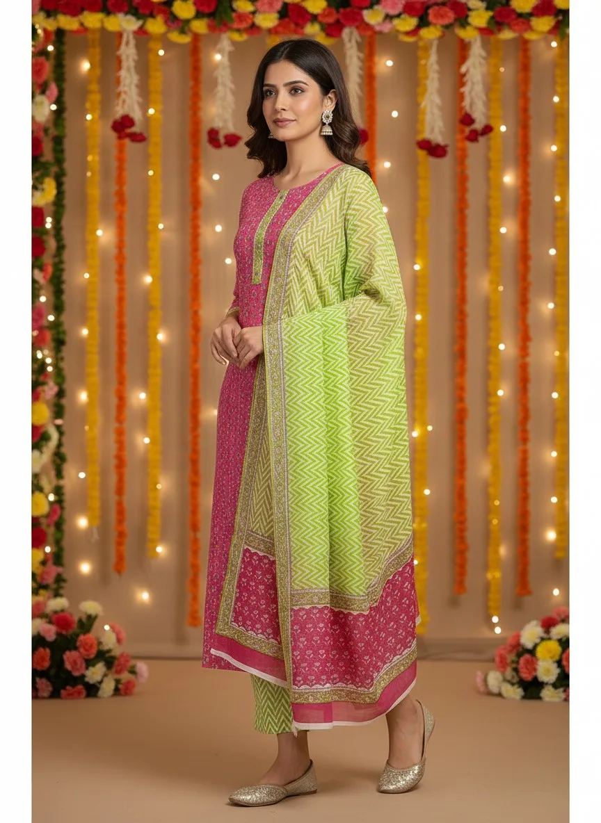 Three Piece Suit Material with Cotton Dupatta Pink Green - Image 3