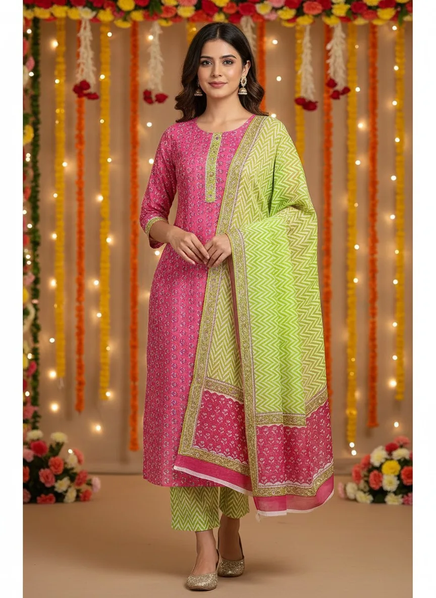 Three Piece Suit Material with Cotton Dupatta Pink Green - Image 2