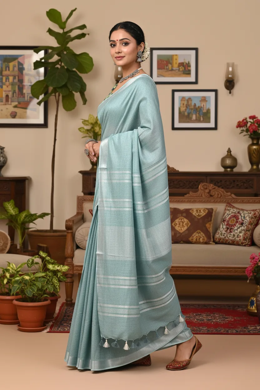 Plain Linen Saree with Printed Blouse Pastel Aaqua Blue