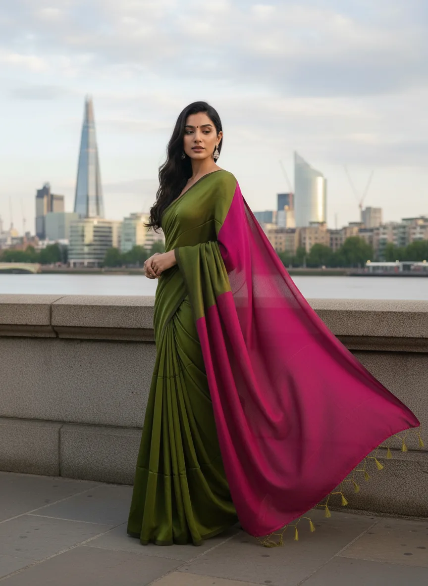 Khadi Saree With Contract Pallu Mehndi