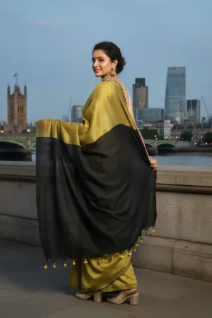 Khadi Saree With Contract Pallu Yallow Black