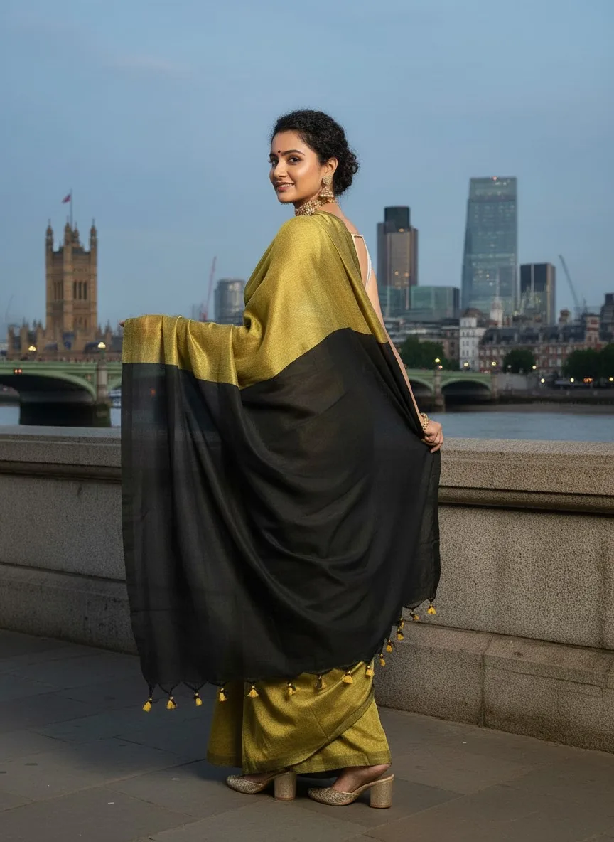 Khadi Saree With Contract Pallu Yallow Black