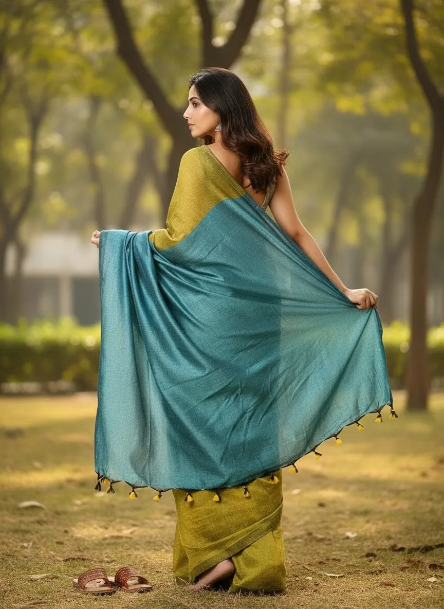 Khadi Saree With Contrast Pallu Yellow Blue
