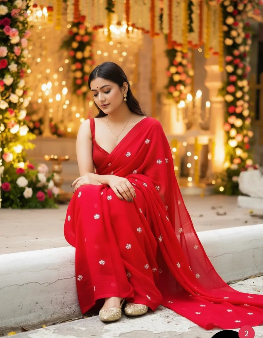 Premium Red Mul Mul Cotton Saree with Delicate Floral Embroidery - Image 2