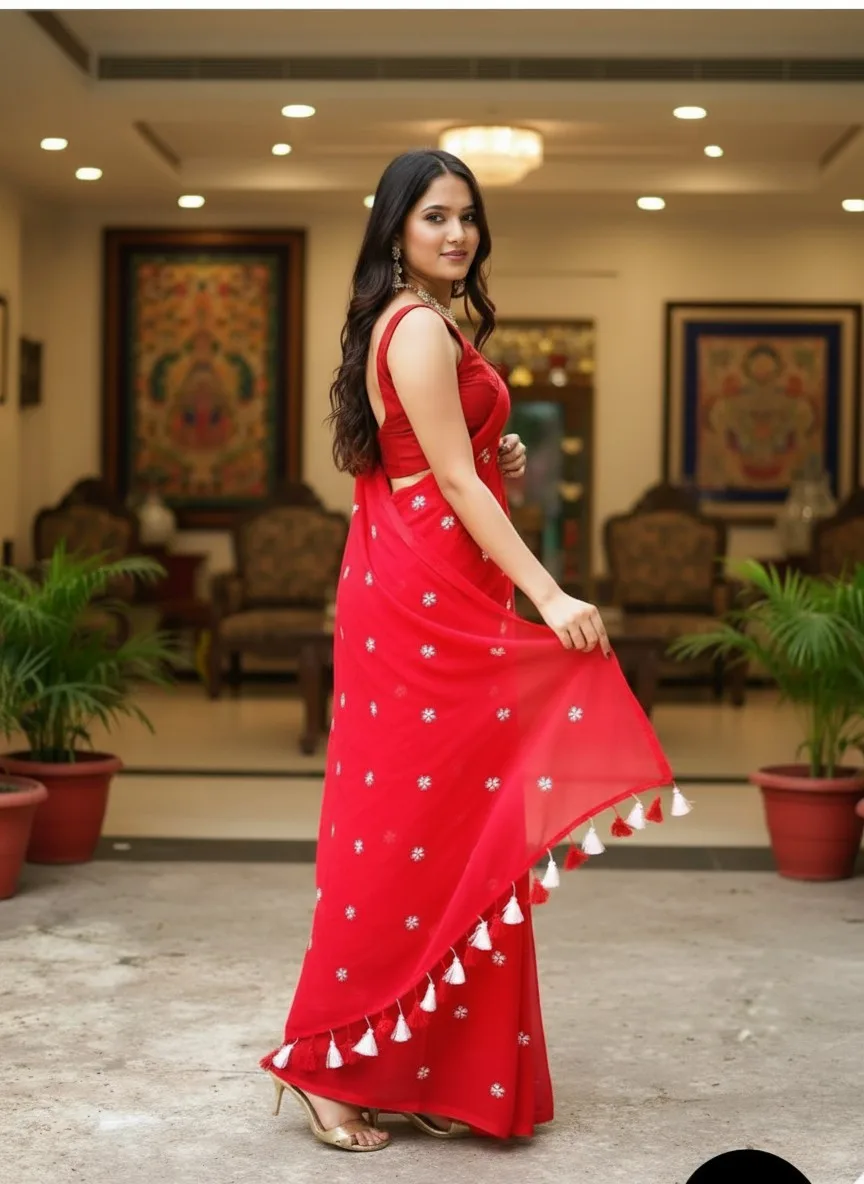 Premium Red Mul Mul Cotton Saree with Delicate Floral Embroidery