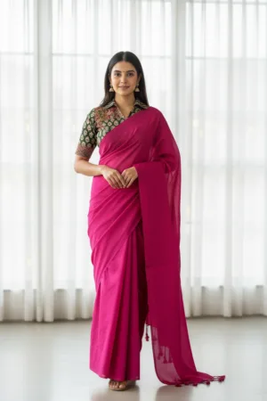 Pure Khadi cotton Saree with printed blouse Rani