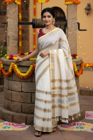 Premium  Mul Golden & Silver Cream Saree