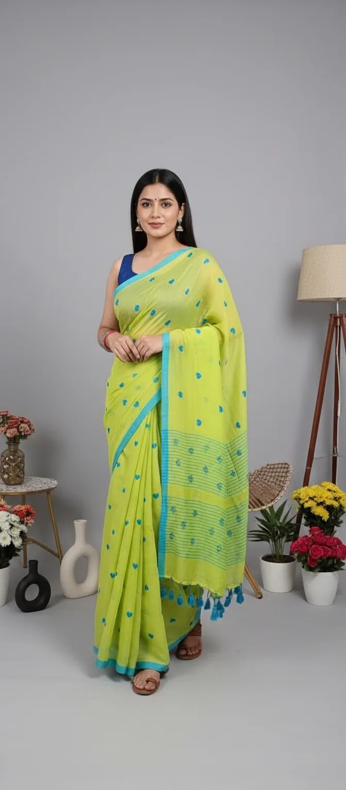 Plain Mul Mul Saree Parrot Green Saree with Blue Heart Emdbroiery