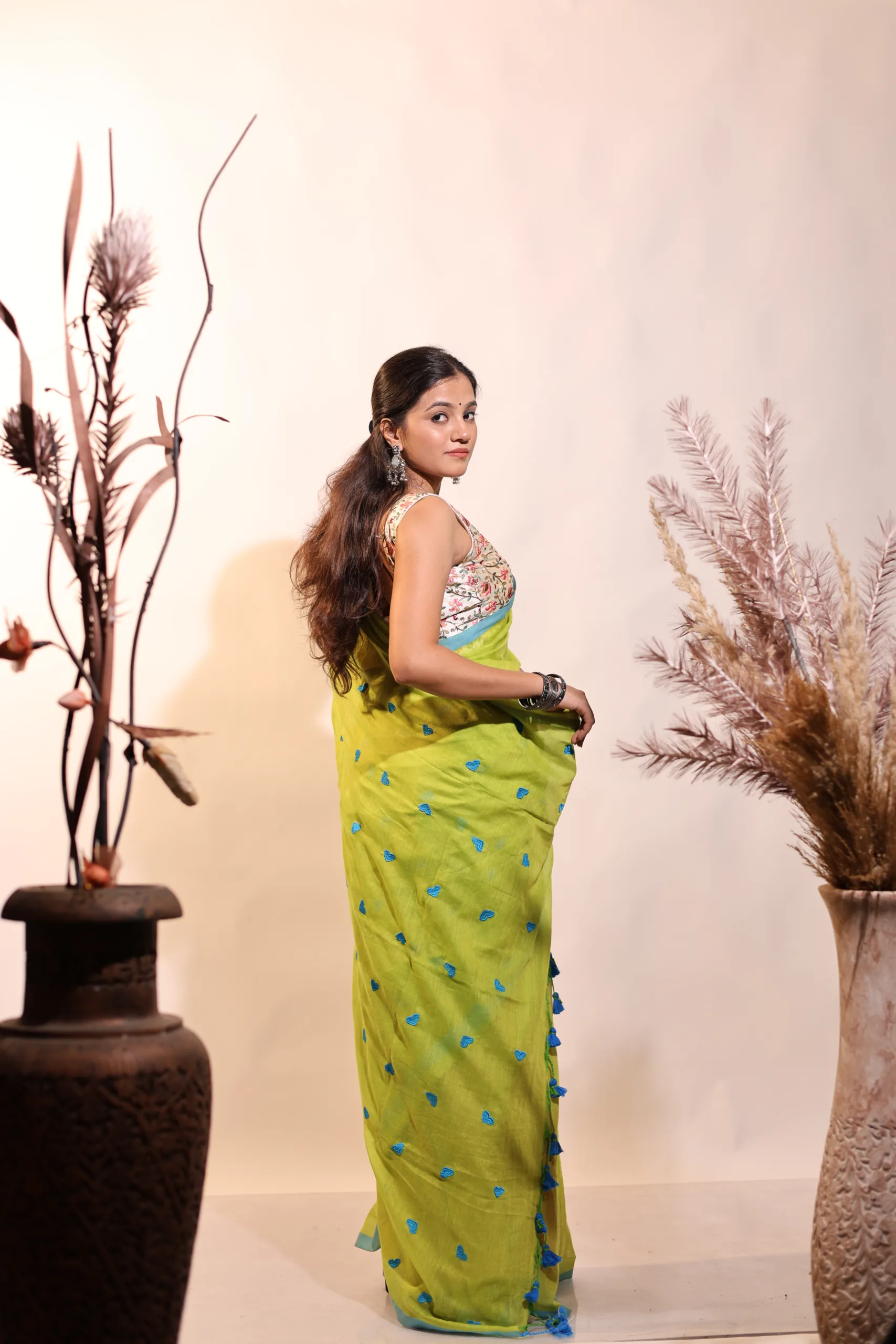 Plain Mul Mul Saree Parrot Green Saree with Blue Heart Emdbroiery - Image 2