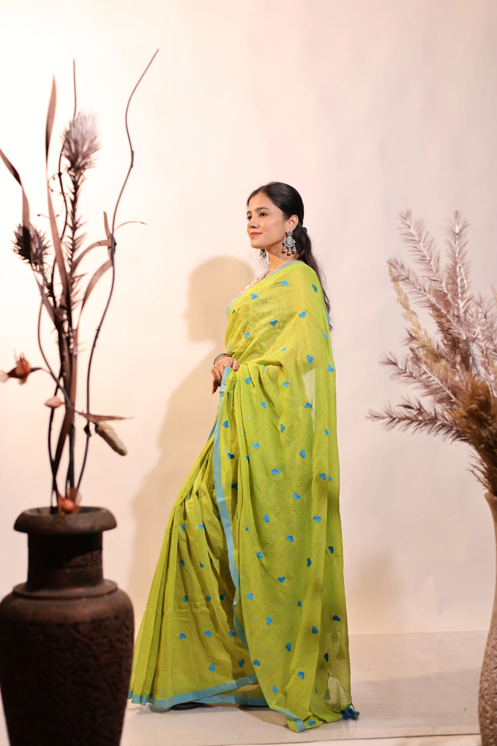 Plain Mul Mul Saree Parrot Green Saree with Blue Heart Emdbroiery - Image 3