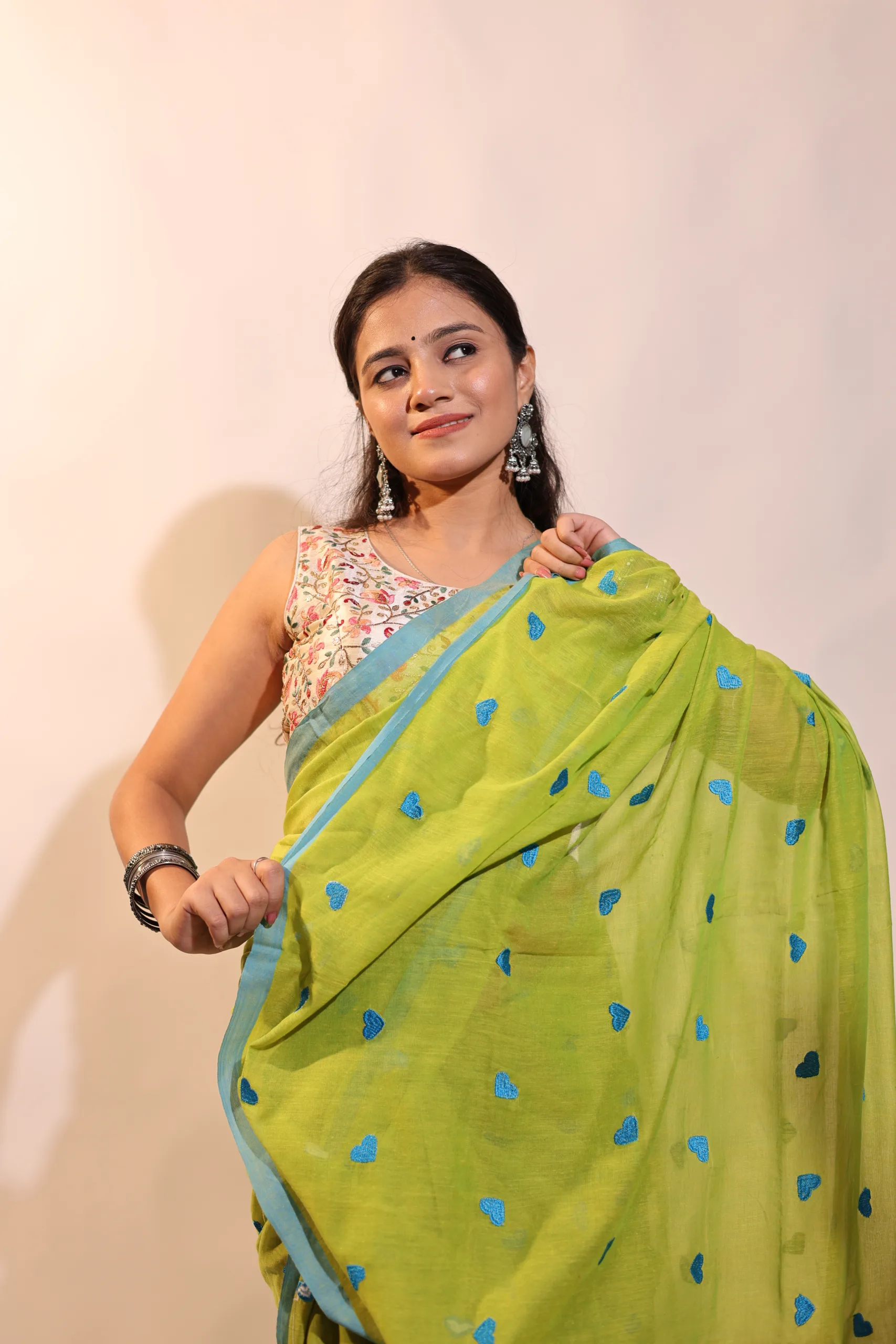 Plain Mul Mul Saree Parrot Green Saree with Blue Heart Emdbroiery - Image 4