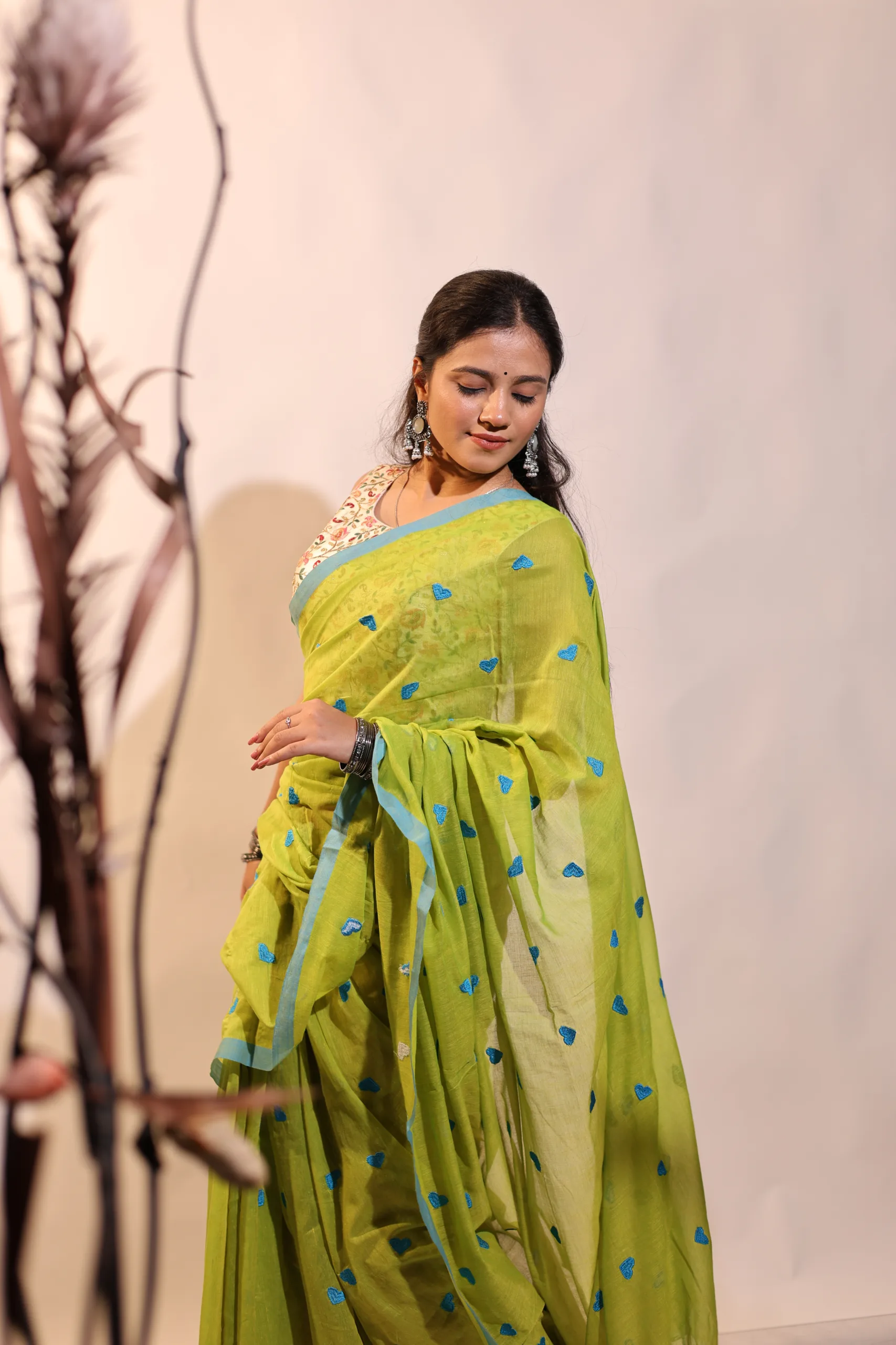 Plain Mul Mul Saree Parrot Green Saree with Blue Heart Emdbroiery - Image 5