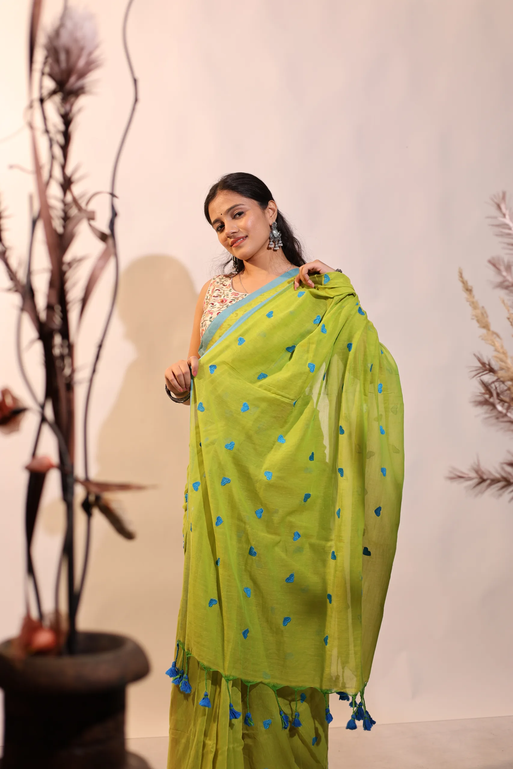 Plain Mul Mul Saree Parrot Green Saree with Blue Heart Emdbroiery - Image 6