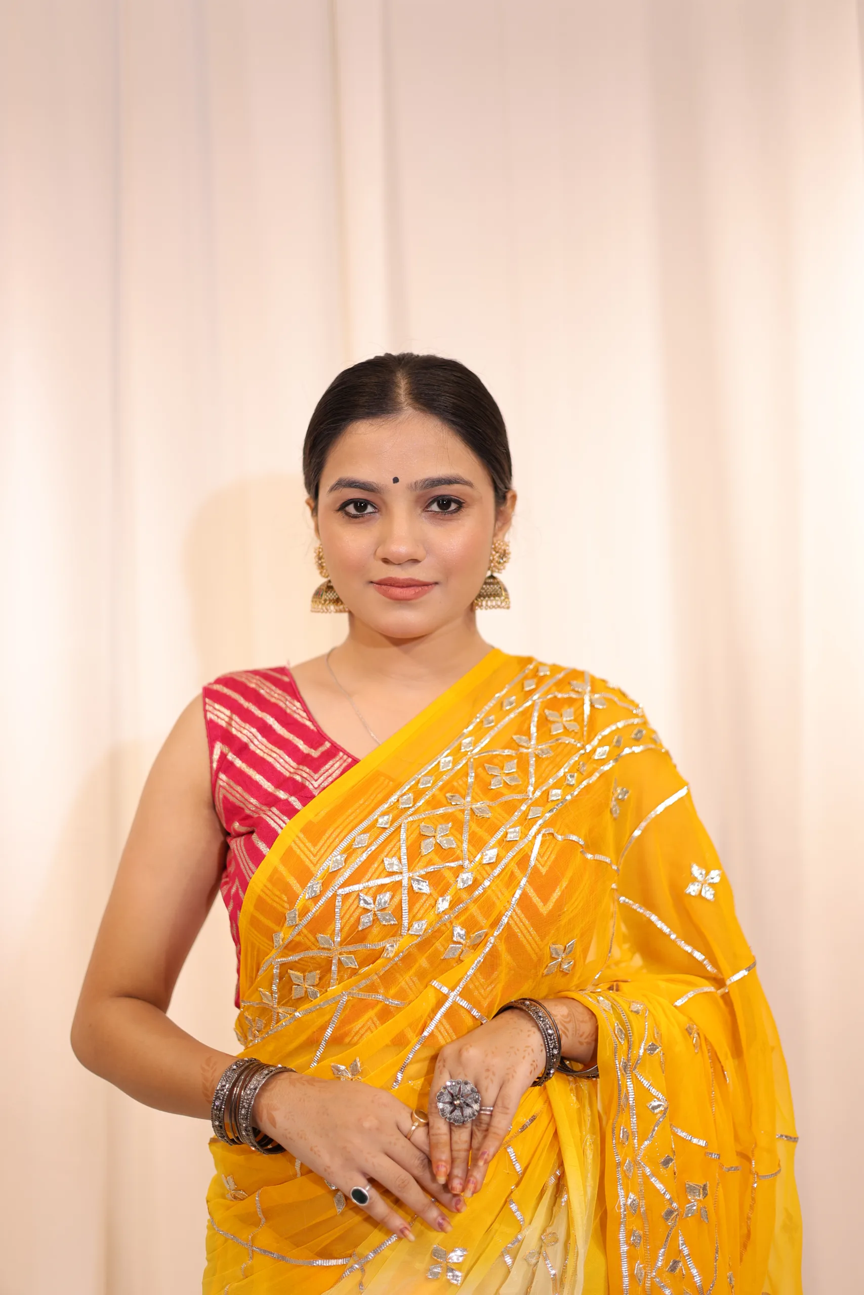 Sutrikaah Yellow Shaded Premium Pure Gorgotte Kachha Gota Handwork Saree with Matching Blouse - Image 2