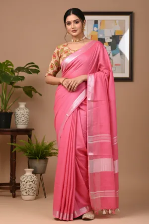 Plain Linen Saree with Printed Blouse Pink