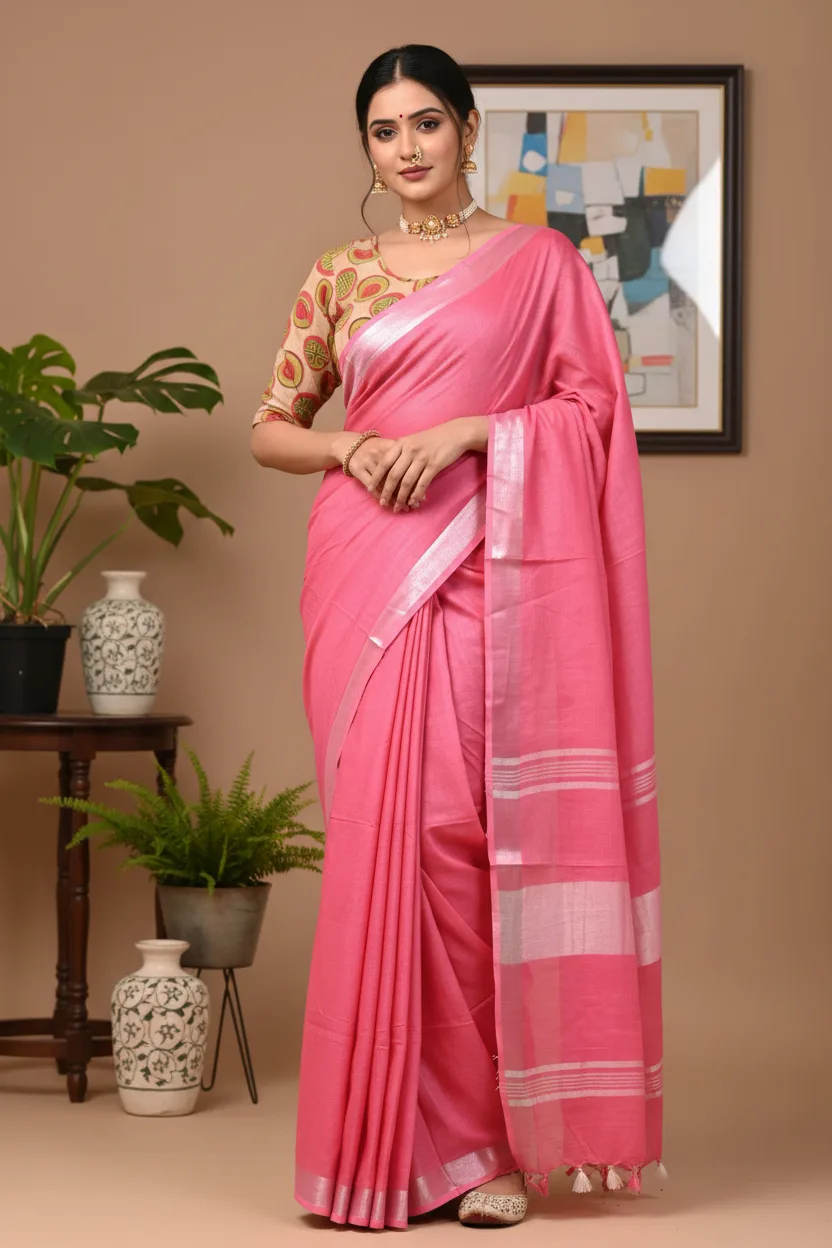 Plain Linen Saree with Printed Blouse Pink