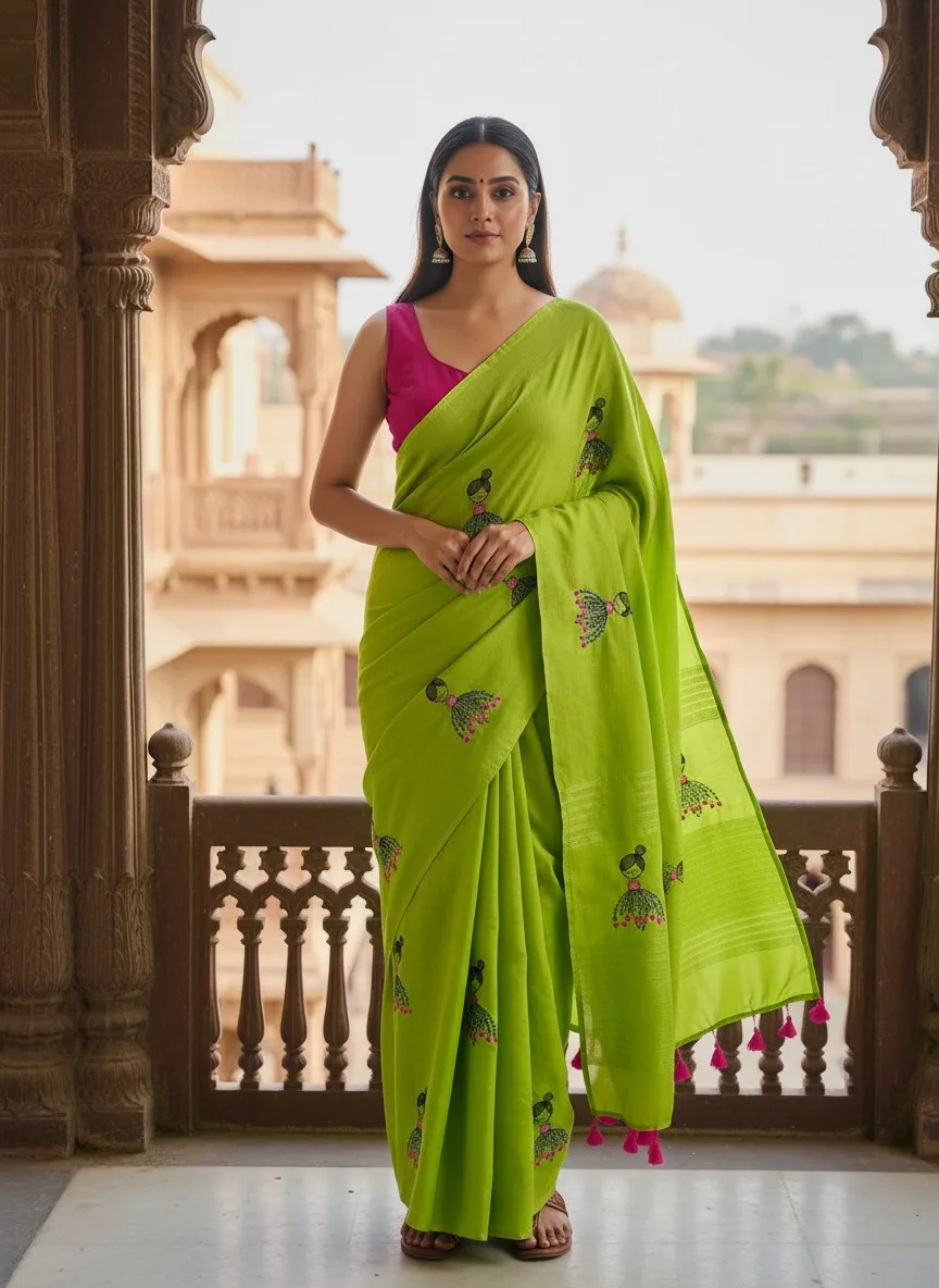 Pure Mul Cotton Saree with Doll Embroidery & Pink Tassels (Without Blouse Piece)