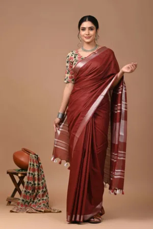 Plain Linen Saree with Printed Blouse Mehroon